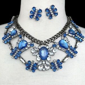 Large Blue Clear Rhinestone Statement Gun Metal Necklace Earrings Set